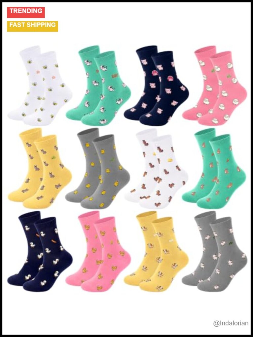 12 Pairs Farm Animal Novelty Crew Socks Women Size 7-11 Mid Calf Gift Set
